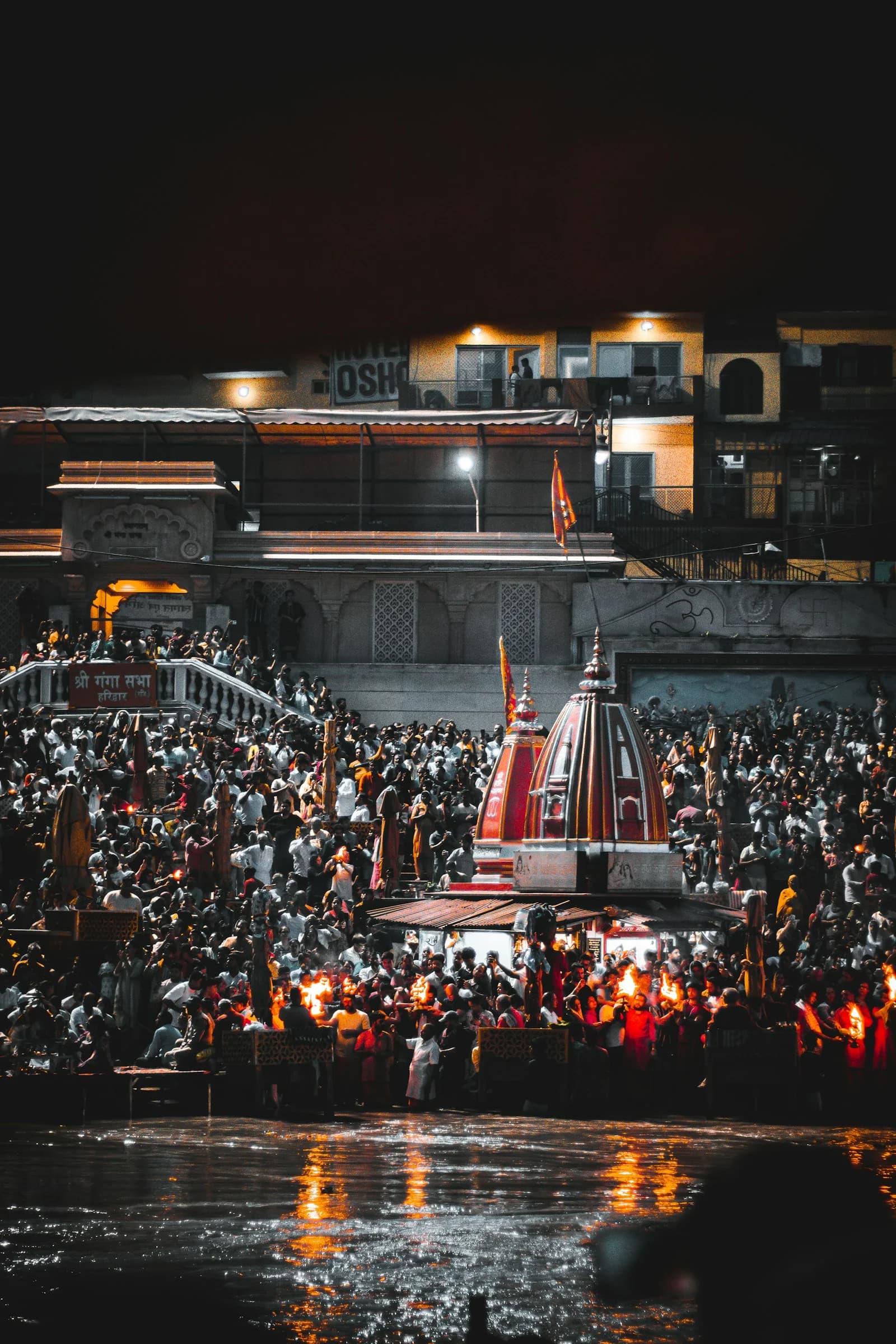 Haridwar Ganga Aarti — thousands of devotees at river's edge with fire